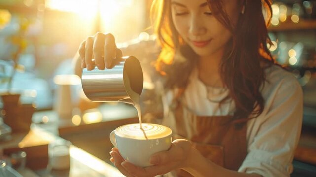 Skilled Barista Crafting Beautiful Latte Art in a Warm Cafe Setting