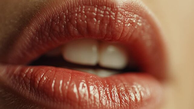 Close-up of a womans lips showcasing a glossy natural look with subtle movements and expressions.