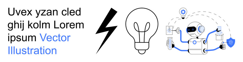 Artificial intelligence, innovation, energy, robotics, technology solutions, creativity. Robot with tools, lightbulb lightning bolt. Innovation and artificial intelligence conceptual