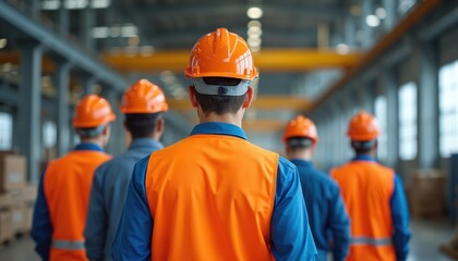 Workers in hard hats and safety vests walk in a large industrial facility. They are inside a factory or warehouse, showing a team focused on industrial work and safety protocols.