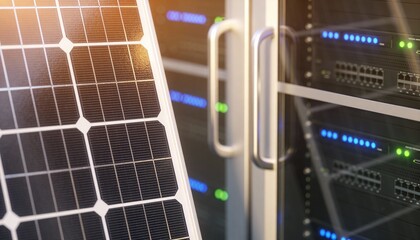 Close-up of a solar panel in front of blurred server racks, symbolizing sustainable data center operation and green technology.