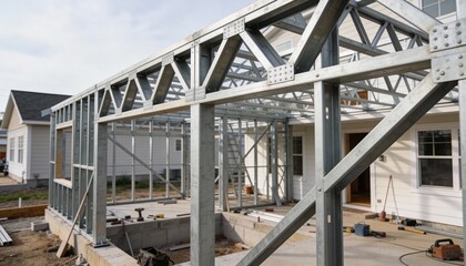 The metal framework of a residential addition featuring intricate steel trusses and columns on a concrete pad.