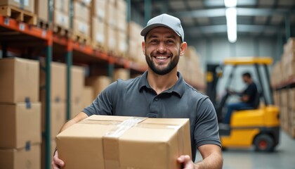 Warehouse worker smiles holding package. Man in cap and uniform carries cargo box. Forklift operates in background. Goods storage, delivery, logistics concept. Supply chain operation, staff member.