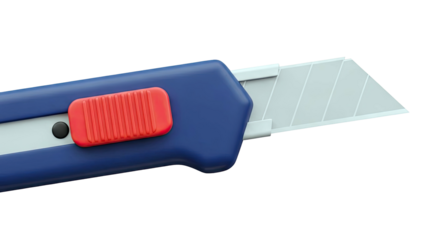 Close-up of a blue utility knife with a red slider and silver blade