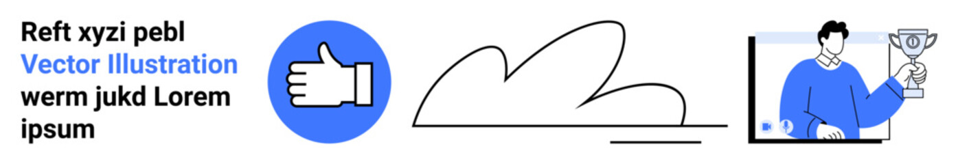 Obraz premium Social media, approval, recognition, digital awards, online support, cloud computing. Thumbs-up icon, cloud shape and person holding a trophy in a screen frame. Social media and recognition