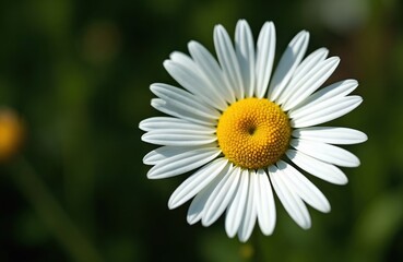 Obraz premium White daisy flower bloom with yellow center and petals against dark green blurry background. Simple floral detail, bright summer nature macro shot. Fresh bloom.