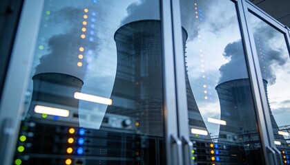 Power plant cooling towers reflect on a glass server rack door, showing data center lights and energy infrastructure.