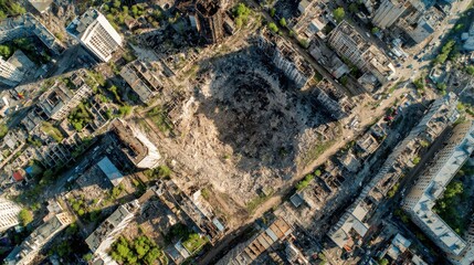 Fototapeta premium Aerial view showing city destruction and war devastation