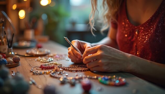 Woman makes jewelry with colorful beads and tools. She assembles necklaces and bracelets with great care and attention to detail. Her creative hobby is a skilled craft.