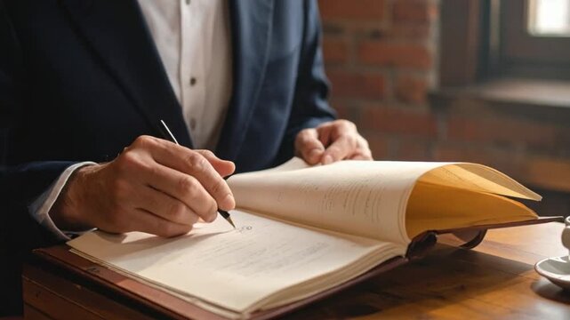 Professional signing important legal document with a fountain pen