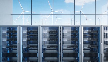 Data center server racks illuminated, with large windows providing a view of wind turbines generating clean energy.