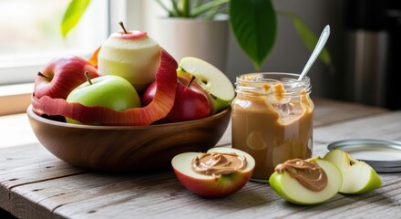 Fresh apples are served with a creamy spread in a rustic kitchen setting