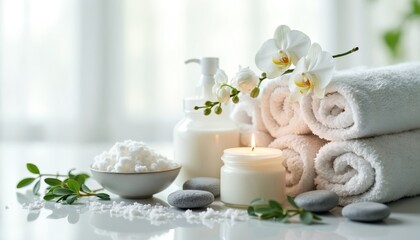 Spa wellness items with candle, orchid, towels, bath salt, and lotion. Relaxation and self care products arranged for tranquility and pampering.