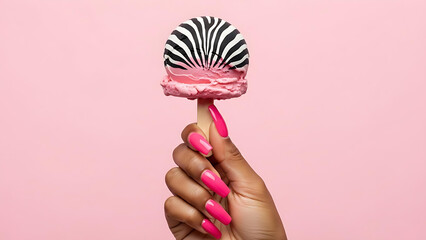Hand Holding Zebra Pattern Ice Cream Cone with Pink Background