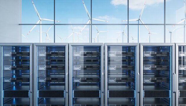 Data center server racks illuminated, with large windows providing a view of wind turbines generating clean energy. - Powered by Adobe
