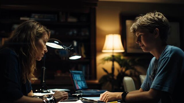 Intense Conversation - Mother and Son Face Off in Dimly Lit Room.