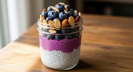 Layered healthy pudding dessert featuring chia seeds, fruit puree, and nuts sits on a wooden surface.