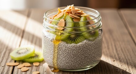 Healthy layered breakfast preparation served in a glass container rests upon rustic wooden planks.