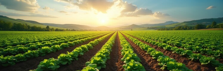 Vast green fields with rows of fresh lettuce grow under golden sun. Rolling hills form backdrop for this abundant farm at dawn. Healthy food cultivation in natural rural setting.