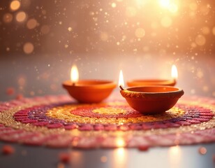 Diwali lamps glow on a colorful rangoli. Clay diyas with flickering flames illuminate. Festival of Lights celebration, spiritual warmth, and bright sparks fill the scene.
