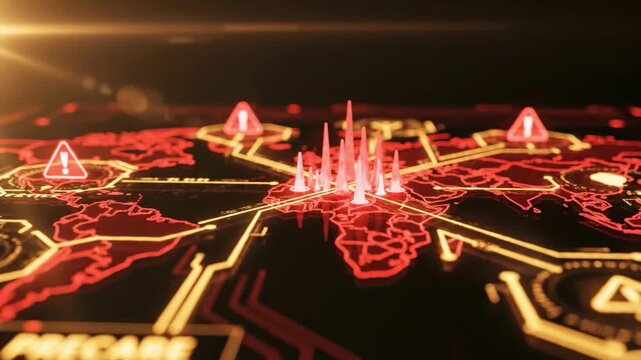 Digital world map with red warning signs and spikes at night