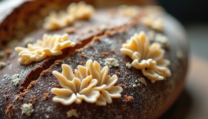 Artisan sourdough bread has decorative pale yellow dough flower shapes on its dark brown crust. Tiny bits of flour or dry dough dust the loaf. This is a close up shot.
