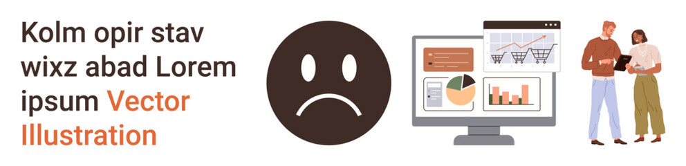 Fototapeta premium Market trends, data visualization, team collaboration, emotions in analysis, technology-driven decisions, corporate strategy. A sad face icon beside graphs, charts and a collaborative team. Market