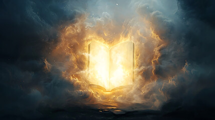 A book is open to a page with a bright light shining on it