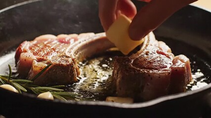 Juicy lamb chops being seared and flavored with butter and herbs in a hot