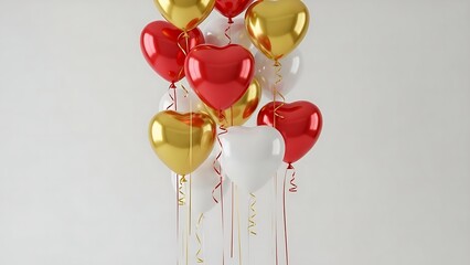 Glossy heart shaped balloons in red, gold, and white float on a light background.
