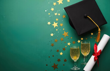 Black graduation cap tassel and diploma sit by champagne glasses with gold stars. Celebrate academic achievement, education success, university college school party.