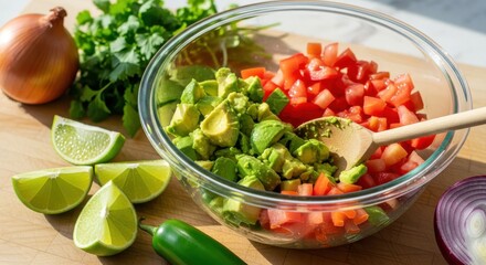 Diced avocado and tomato mix with fresh ingredients ready for preparation on a wooden surface