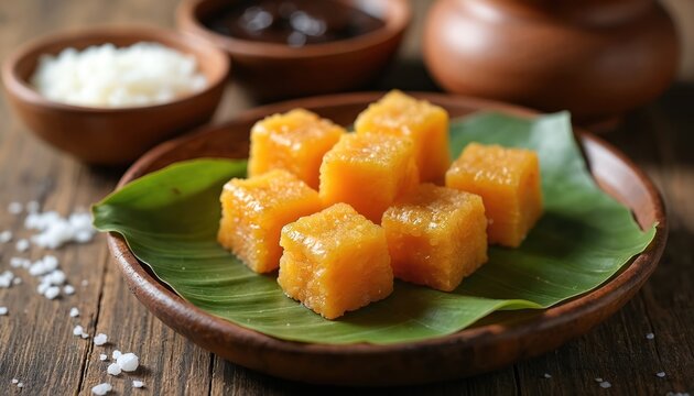 Sweet dodol cubes are served on banana leaf. Accompaniments include rice, sugar, and dark sauce. Rustic wooden table sets traditional Asian food scene. Delicious sweet treat ready to eat.