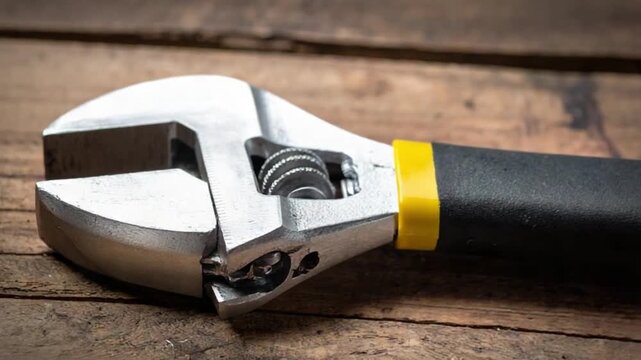Close-up of an adjustable wrench with a yellow and black handle on a wooden table
