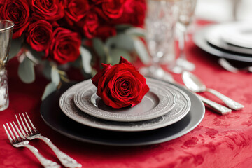 A luxurious table setting with elegant tableware and floral arrangement