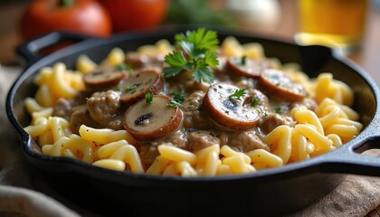 Beef Stroganoff served over pasta in cast iron pan. Sliced mushrooms and parsley top creamy beef stew with noodles. Hearty meal is ready to eat.
