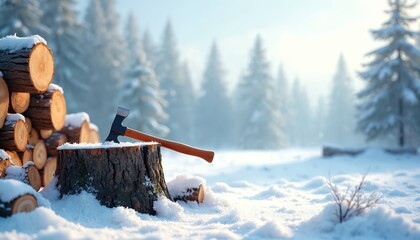 Axe rests on tree stump near stacked logs in snowy forest. Winter woodland scene with felled timber. Cold season outdoors preparation for warmth. Freshly cut wood pile.