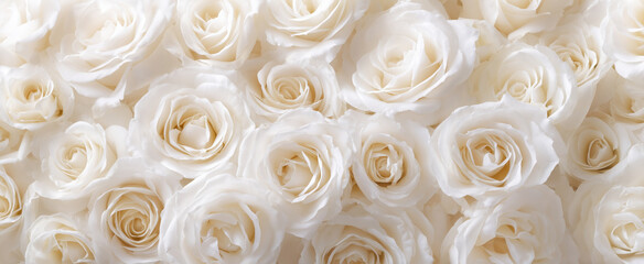 Elegant background of blooming white roses with soft petals