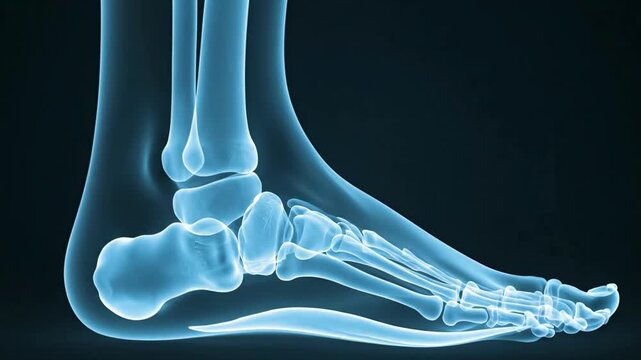 Close up of a human foot skeleton x-ray on a dark background.