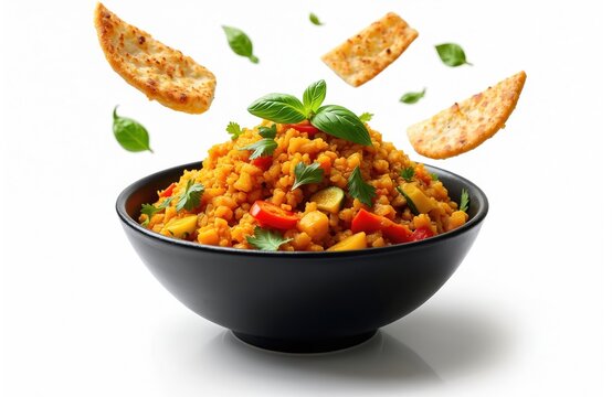 Black bowl filled with kottu roti and vegetables. Crispy flatbread pieces fly around the dish, garnished with basil and parsley. Delicious Sri Lankan street food.