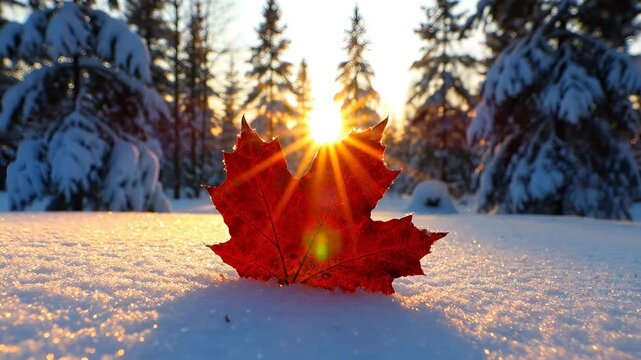 A red leaf rests on glistening snow, illuminated by the sun. Tall evergreen trees surround the scene, providing a contrast to the bright leaf against the winter landscape.
