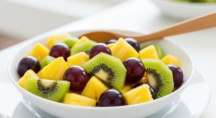Refreshing mixture of sliced tropical and vine fruits served in a white ceramic bowl.