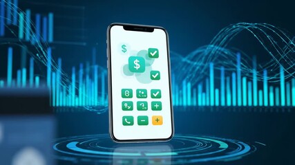 Smartphone displays financial app with dollar signs and charts. Credit card represents digital finance. - Powered by Adobe