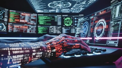 Typing on a keyboard under neon monitors creating a focused tech vibe