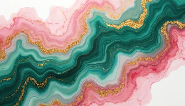 Abstract marble texture with green pink and gold veins flows and swirls like liquid. Luxury design element resembling malachite and agate natural stones. Modern elegant fluid art.
