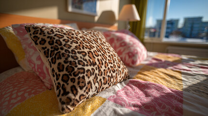 Cozy bed with colorful patterned bedding and leopard print pillow near window.