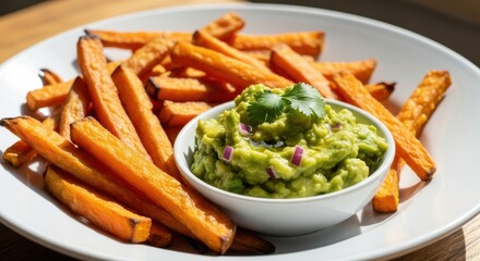 Crispy orange root vegetable sticks served with a vibrant green dipping sauce on a white plate