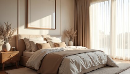 Fototapeta premium Cozy bedroom interior with large bed piled high with plush pillows, warm blankets. Natural light streams through sheer curtains illuminating modern, elegant space with neutral tones, minimalist