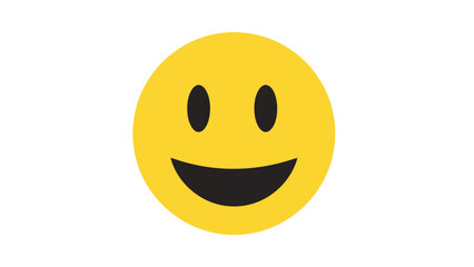 Fototapeta premium Yellow smiling face emoji with black eyes and mouth on white background.
