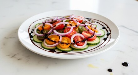 Freshly prepared garden salad featuring sliced colorful tomatoes and red onion rings on a white plate.